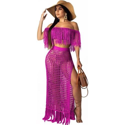 2020 Women Fringed Tassel Summer Beach Dress Sexy Off Shoulder Hollow Out Knit Crochet Boho Maxi Dress Holiday Party Long Dress