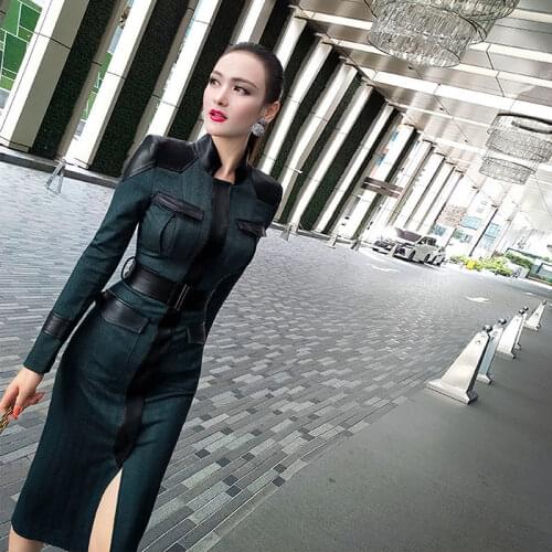 Women 2021 Spring Autumn Fashion Long Sleeve PU Leather Patchwork Pencil Dress Female Stand Collar Midi Dresses Vestidos Z340