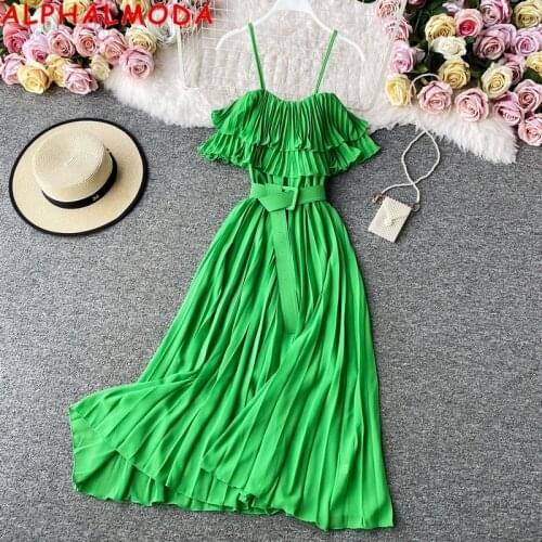 ALPHALMODA 2021 Summer Ruffled Sling Dress Fashion Belted Off Shoulder Women stylish Seaside Holiday Dress