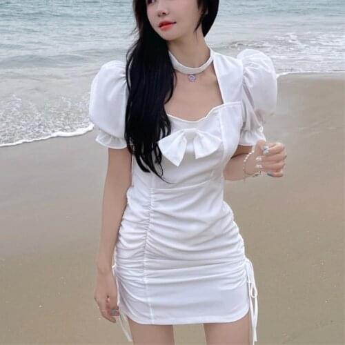 Summer New Elegant Fairy Dress Women Designer Sweet Puff Sleeve Kawaii Dress Female Chiffon Casual Holiday Party Maid Mini Dress
