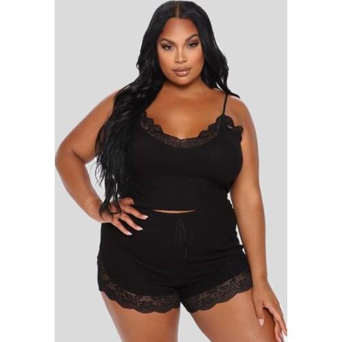 L-5XL Plus Size Lace Patchwork 2 Two Piece Sets Womens Clothing 2021 Spaghetti Strap Crop Top and Slim Fit Shorts Club Outfits