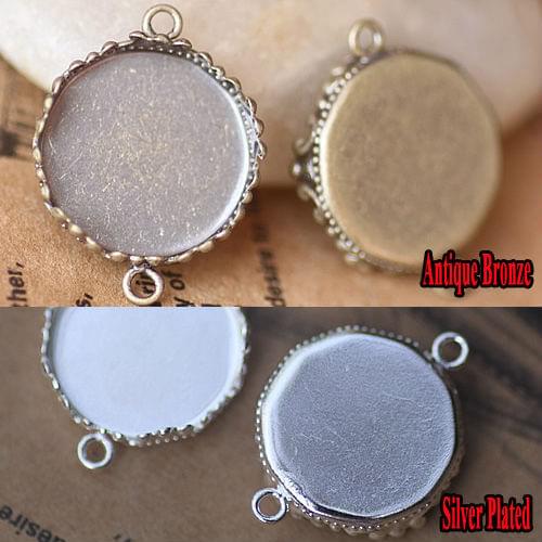 10PCS inner 15mm Wholesale Antique Bronze/Silver Plated two way Pendant Blank Connector with Crown edge Bezel Setting Tray