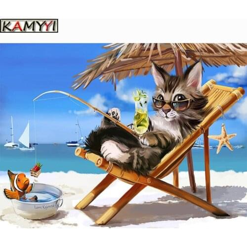 5D DIY Diamond Embroidery Diamond Painting Beach Fishing Cat Cross Stitch Full Square Rhinestone Mosaic Decoration Gift