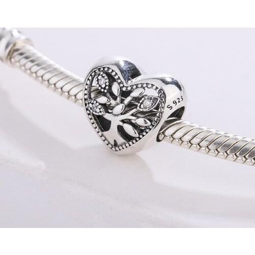 925 Sterling Silver CZ Transparent Zircon Family Tree Heart Pendant Charm Bracelet DIY Jewelry Making For Original Pandora