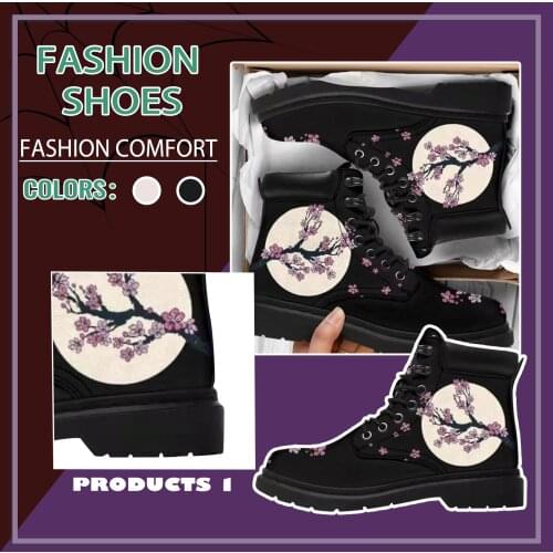 Martin-boots Womens Autumn And Winter 2021 Fashion Womens Tooling Boots Skull And Flower Print High-top Boots Ladies