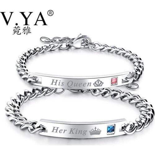 V.Ya Unique Gift for Lover "His Queen""Her King " Couple Bracelets Stainless Steel Bracelets For Women Men Jewelry Drop Shipping