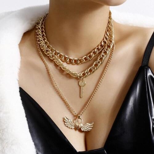 DIEZI 2019 Fashion Multilayer Lock Key Wing Gold Color Chain Necklace Punk Link Chain Pendant Choker Necklace For Women Jewelry