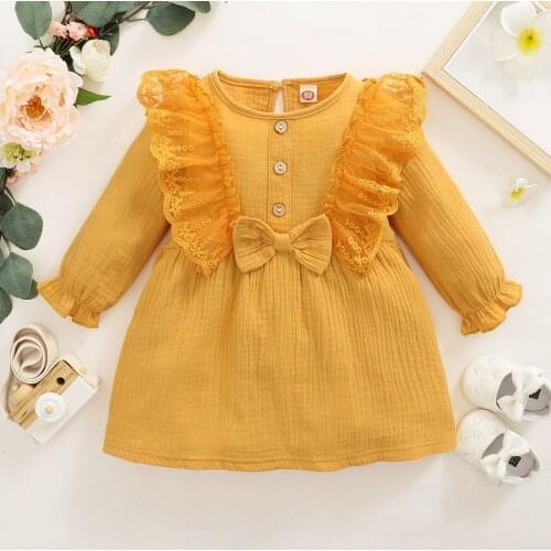 Toddler Kids Baby Girl Autumn Dress Ruffles Long Sleeve Solid Cotton Linen Party Casual Dress Clothes