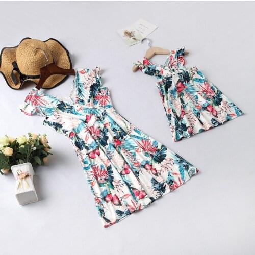 Summer Flower Printing Mother And Daughter Matching Dress Family Clothing Mom And Girl Clothes 3-8 Years Old