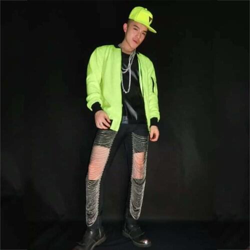 Male Flashing Fluorescent Green Sequined Jacket Stage Costume Dj Nightclub Ds Singer Dancer Blazer Gogo Costume Rave Wear XS2469