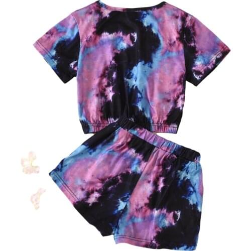 Pudcoco 2021 2 Pieces Kids Suit Set, Tie-Dye Print Round Collar Short Sleeve Pullover+ Shorts For Summer, Purple, 4-9 Years