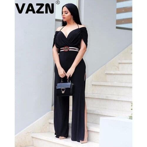 VAZN New 2020 summer sexy lady black long jumpsuit short sleeve slash neck halter Vneck jumpsuit lady high street chuic jumpsuit