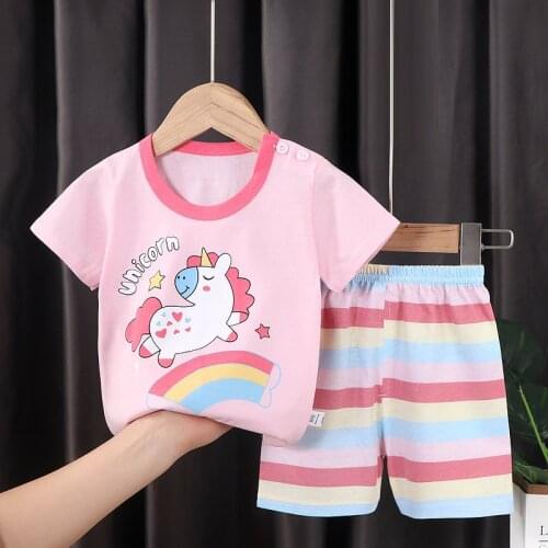 New Kids Boys Girls Summer Pajama Sets Cute Cartoon Unicorn Print Short Sleeve T-Shirt Tops with Shorts Toddler Baby Clothes Set