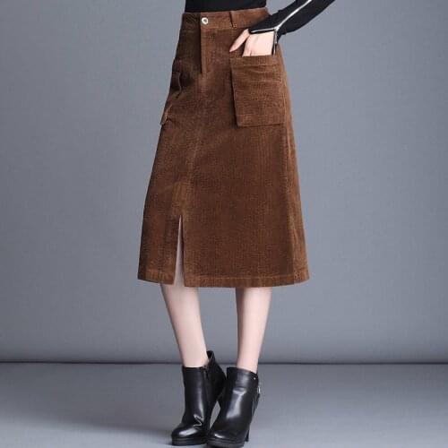 Fall Winter Womens Casual High Waisted Brown Black Pockets Mid Calf Corduroy Skirt , Women Clothes , Spring Casual 4xl Skirts