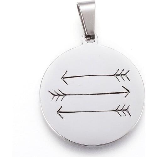 PandaHall 10pc 304 Stainless Steel Metal Jewelry Making Necklace Dangle Pendants Flat Round with Arrow High-Quality 25x22x1.2mm