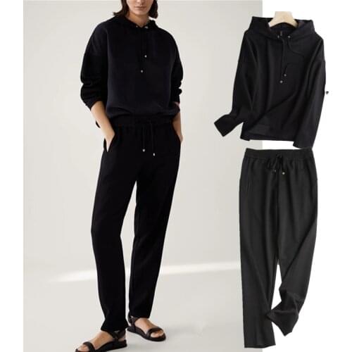 Dave&Di England Style Simple Autumn Hoodies Women Sweatshirt Pullovers Tops No Suture Drawstring Harem Pants Women