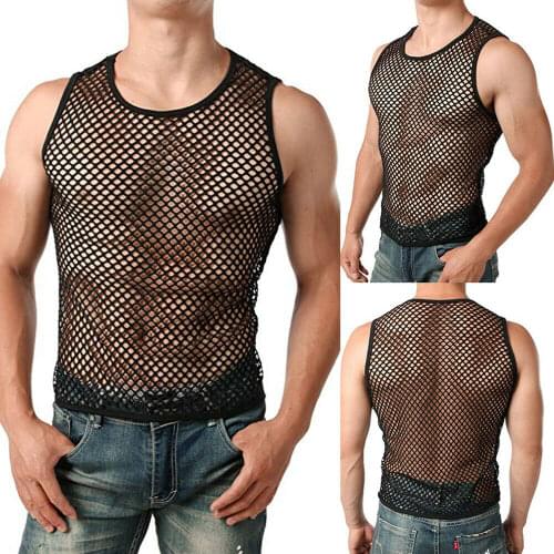 Hirigin Transparent Undershirt See Though Sleeveless Shirt Mesh Breathable Bodybuilding Fitness Vest Sexy Men Singlet