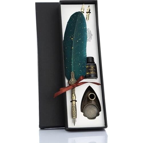 Retro Calligraphy Feather Dip Pen with 2 Nib Set Quill Fountain Writing Creative Vintage Stationery Classic Texture Gift Box