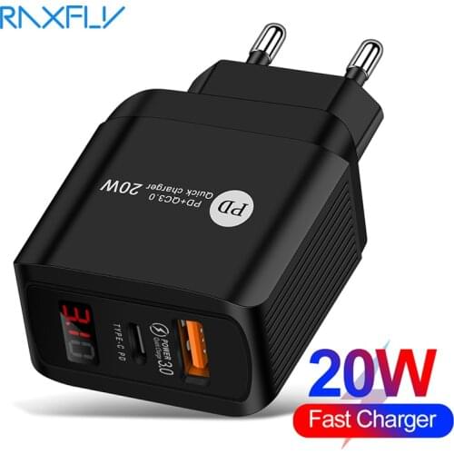 Raxfly PD 20W Type C USB Charger Quick Charge 3.0 Fast Charging LED Display Wall Charger Adapter EU US UK Plug Phone Charger
