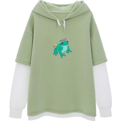 Cute Frog Fake Two Piece Top Hooded Sweatshirt Aesthetic Sweatshirt Women Kawaii Clothes Oversized Hoodies for Teen Girls