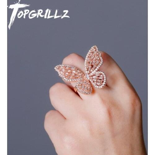 TOPGRILLZ Adjustable Butterfly Ring Bling Bling Cubic Zirconia Ring Copper Charm Iced Out RING Fashion Jewelry Gift For Women
