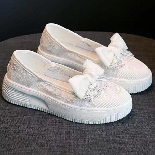 Lace Hollow Out Flat Women Shoes Breathable Bow Lady Loafers Slip On Bow Sweet Casual Girl Platform Single Shoes Canvas Shoes