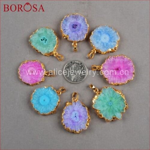 BOROSA Rainbow Quartz Flower Shape Gold Bezel Pendant Quartz Stone Bead Pendant Druzy Jewelry Gems for Women Free Shipping G0245
