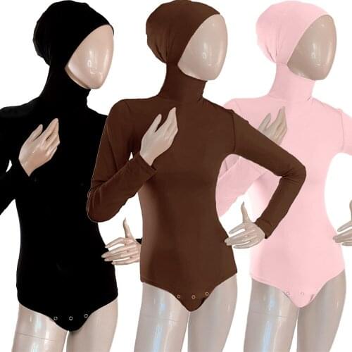 Women Hooded Jumpsuits Tops Elastic Solid Color Muslim Undershirts Stretch Blouse Arabic Islamic Clothing Sunscreen Bodycon New