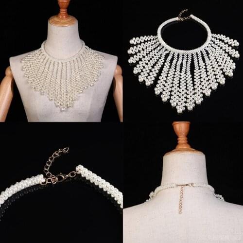 Women Pearl Beaded Bib Choker Necklace Fake Collar Jewelry Female Party Accessories