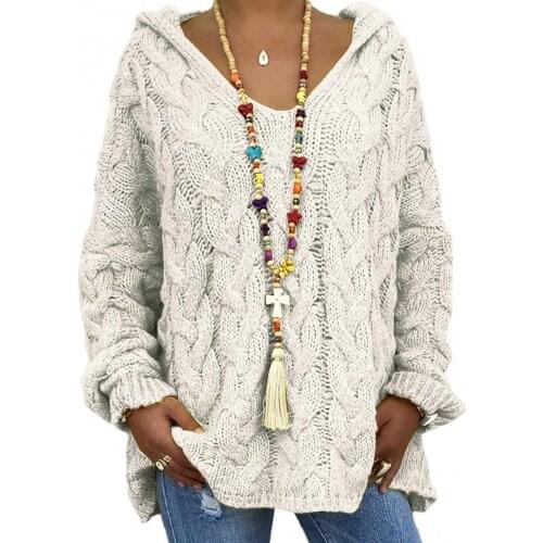 Women Autumn Solid Color Long Sleeve Braided Hooded Pullover Knitted Sweater Braided Design with Hood Loose Style Casual Sweater