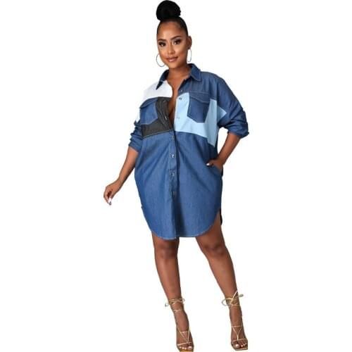 Denim Shirt 2021 Fall New Women Long Shirt Dress Simple Fashion Loose Long Sleeve Blouses Stitching Vintage Dress Vestidos
