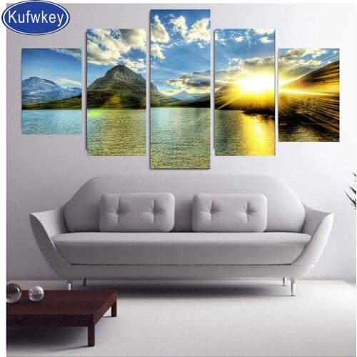 5pcs beautiful sunset lake 5D DIY Diamond Painting Full Square Round Drill diamond Embroidery Cross Stitch 5D icon landscape art