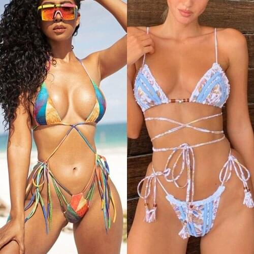 Bandage Bikni Biquini Thong Floral Print Swimsuit Women Bathing Suit Hollow Out Bikini Set String Swimwear Micro