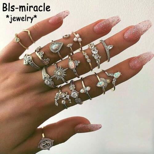 Bohemia Adjustable Fashion Crystal Sun Opal Water Drop Crown Cross Ring Sets For Women New Vintage Gold Rings wholesale