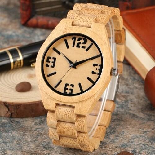 Creative Natural Wood Watch for Men Arabic Number Mens Quartz Analog Wristwatch Full Bamboo Bracelet Strap Wooden Clock Gift
