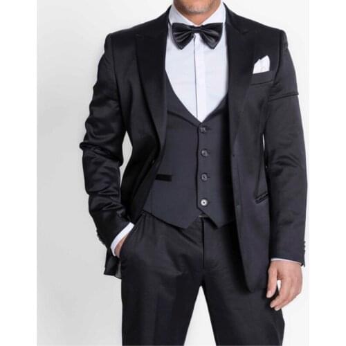 Black Single Breasted Business Men Suits Peaked Lapel Three Piece Custom Made Wedding Tuxedos New (Jacket + Pants + Vest)