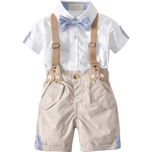 0-4Y Toddler Baby Boys Gentleman Clothes Sets Solid Short Sleeve Shirts Tops+Overalls Pants 2pcs