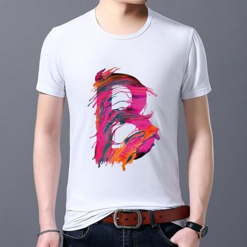 Mens Clothing Simple T-shirt Printing 26 English Alphabet Series B Letter Printing Paint O-neck Casual Commuter Slim Soft Top