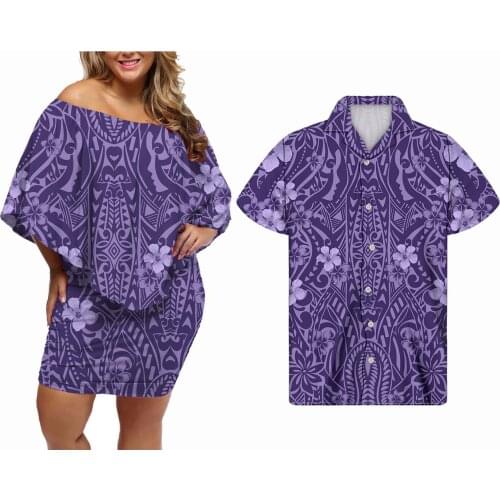 Hycool Polynesian Purple Casual Floral Dress Women Night Bodycon Wedding Party Dress Custom Women Dresses Match Men Button Shirt