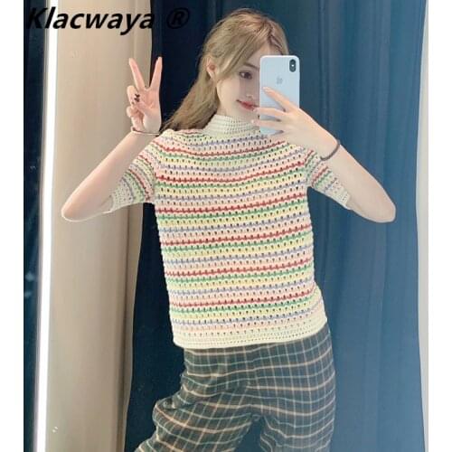 Klacwaya Women 2021 Sweet Fashion Striped Cropped Knitted Sweater Vintage Hollow Out O Neck Short Sleeve Pullovers Chic Tops