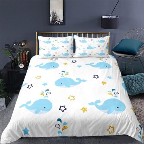 Caroon Whale Seahorse Duvet Cover Set Animal Whales Bedspreads Bedding Set Ocean Blue Watercolor Bedclothes 2/3pcs Bed Cover