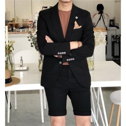 Handsome Black Summer Men Suit Notch Lapel Slim Fit Suits 2 PCs Groomsmen Wedding Suits For Men Bridegroom Jacket Short Pants
