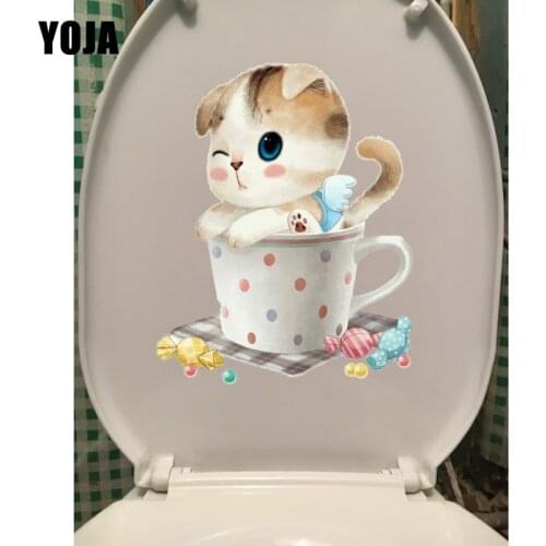 YOJA 15.8*19.9CM Kitty In A Cup Lovely Cartoon Toilet Seat Stickers Kids Room Wall Decal T1-0084