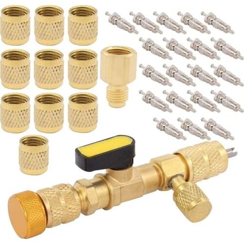 Hot A/C Valve Core Remover Installer Tool Kit R134A and Dual Size SAE 1/4 5/16 Port with R410 Brass Adapter and Nut