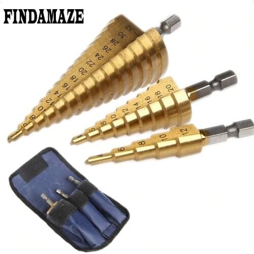 3pc Hss Step Cone Taper Drill Bit Set Hole Cutter Metric 4-12/20/32mm 1/4" Titanium Coated Metal Hex stepped Bits