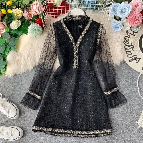 Neploe Small Fragrance Half High Neck Patchwork Lace Dress High Waist Hip Flare Sleeve Vestido Party Tweed A Line Vest Ropa Fall