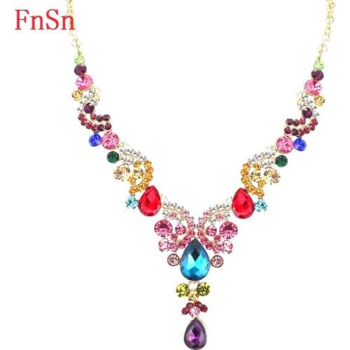 FnSn New Hot Crystal Flower Necklace Choker Trendy Women Colorful Collar Gold Color Zinc Alloy Fashion Jewelry Gift Chain N161