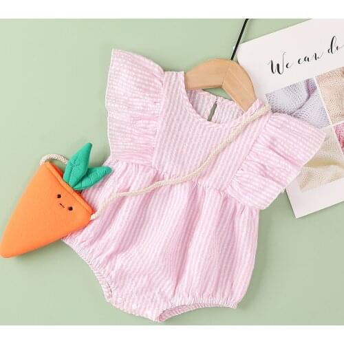 Baby Girls Striped Short Romper with Ruffles, Sleeveless O-neck High Waist Jumpsuit for Summer