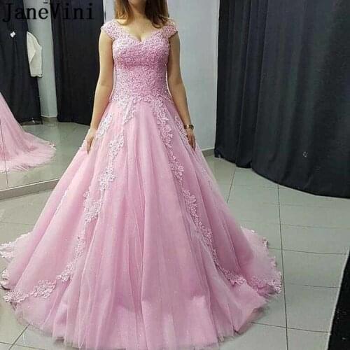 JaneVini Pink Long Prom Dresses V Neck V Back Beaded Cap Sleeve Lace Appliques Tulle Evening Formal Party Dress Gala Jurk Gowns