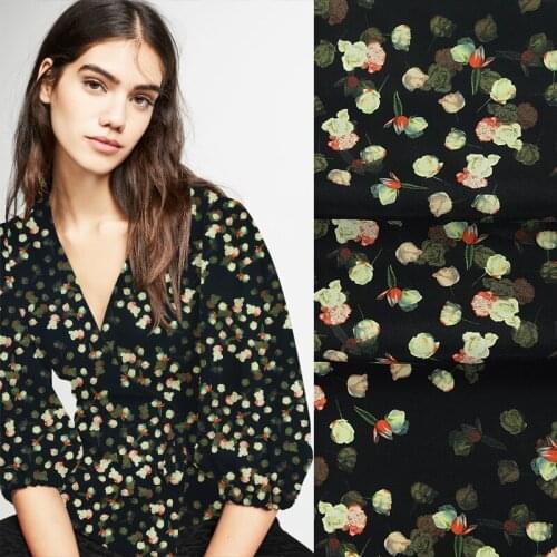 108CM 28MM Yellow Floral Print Stretch Black Heavy Silk Crepe Fabric for Spring Summer Dress Blouse Skirt Shirt Pants JH086